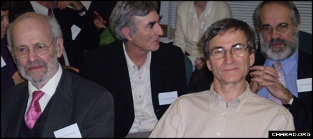 Professor Geza Vermes, left, who in 2007 participated in a Dead Sea Scrolls conference at the University of Birmingham in England, gave the inaugural Isaac Meyers Memorial Lecture in Jewish Classics at Oxford University&rsquo;s Chabad Society.